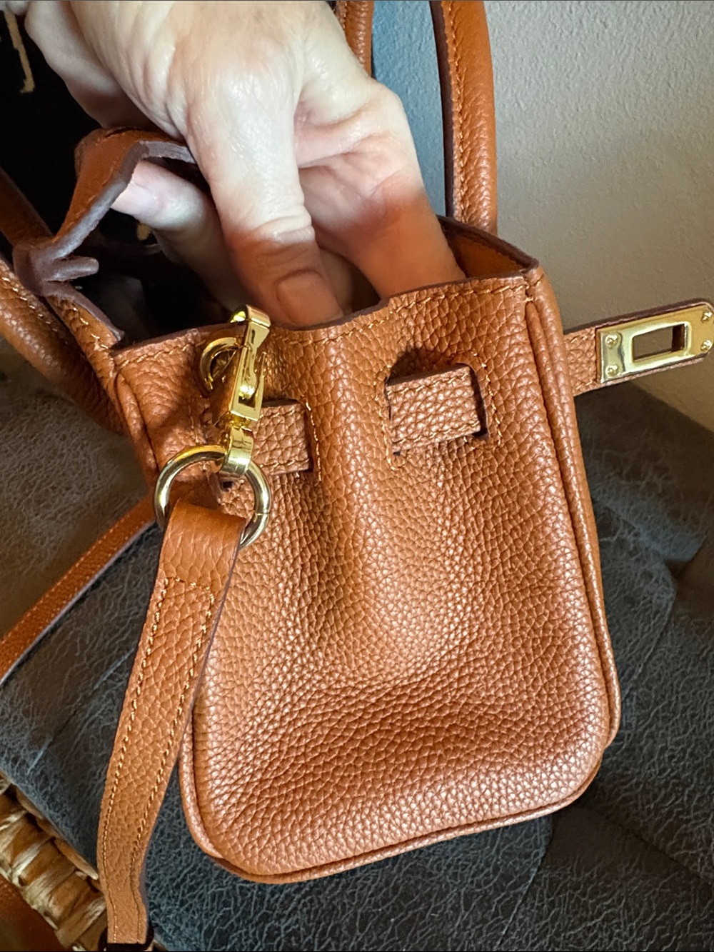 **Women's Tan Pebbled Leather Satchel with Top Handles and Crossbody Strap - Picture 6 of 12